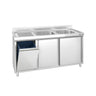 Vaskeskab PREMIUM - rustfrit stål - 1400x700 mm - med affaldsbeholder - med 2 vaske i højre side
