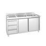 Vaskeskab PREMIUM - rustfrit stål - 1400x700 mm - 3 skuffer - med 2 vaske i højre side