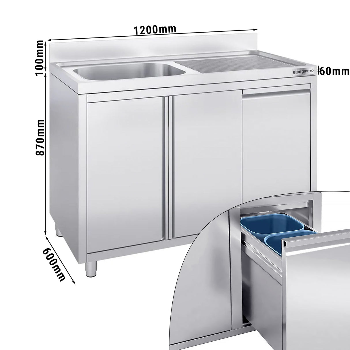 Vaskeskab med skraldespand - 1,2m - 1 vask til venstre - med bagkant og dobbelte døre