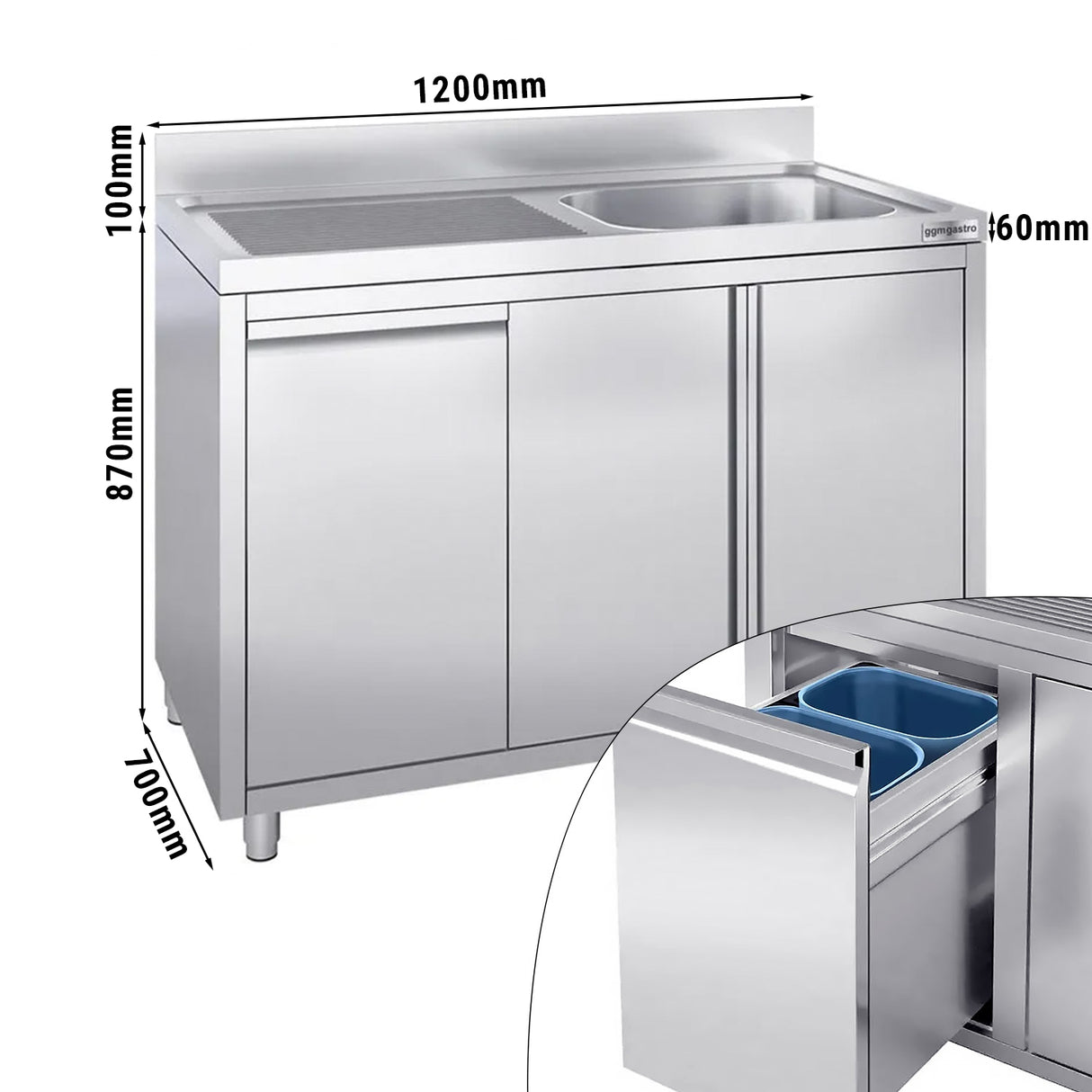 Vaskeskab med skraldespand - 1,2m - 1 vask til højre - med bagkant og dobbelte døre