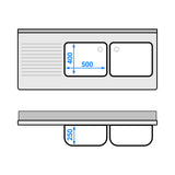 Vaskeskab med 3 skuffer - 1,6m - 2 vaske til højre - med bagkant og dobbelte døre
