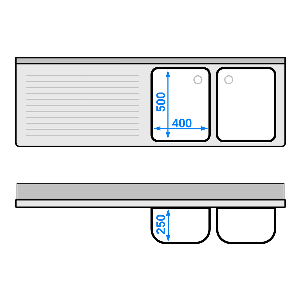 Vaskeskab med 3 skuffer - 1,8 m - 2 vaske til højre - med bagkant og dobbelte døre