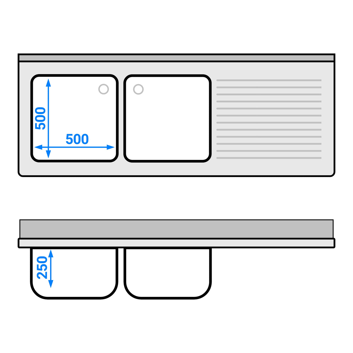 Vaskeskab med 3 skuffer - 1,8 m - 2 vaske til venstre - med bagkant og dobbelte døre
