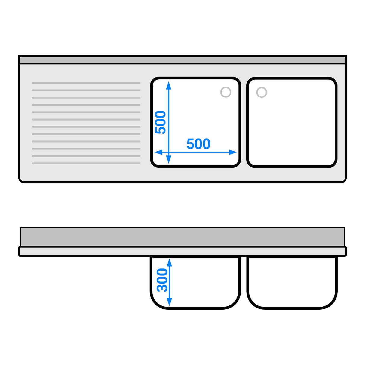 Vaskeskab med skraldespand - 1.8m - 2 vaske til højre - med bagkant og dobbelte døre