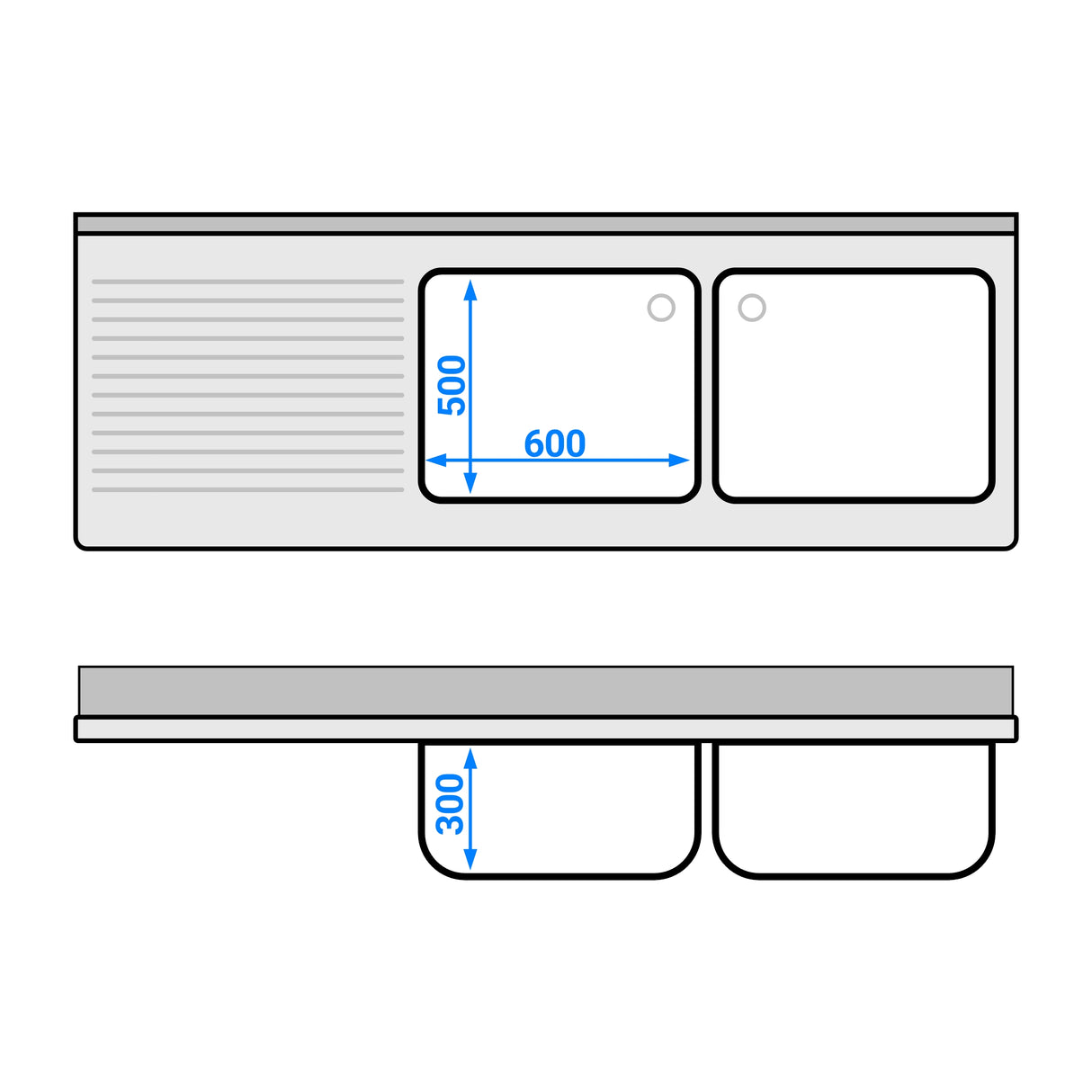 Vaskeskab med 3 skuffer - 2,0 m - 2 vaske til højre - med bagkant og dobbelte døre