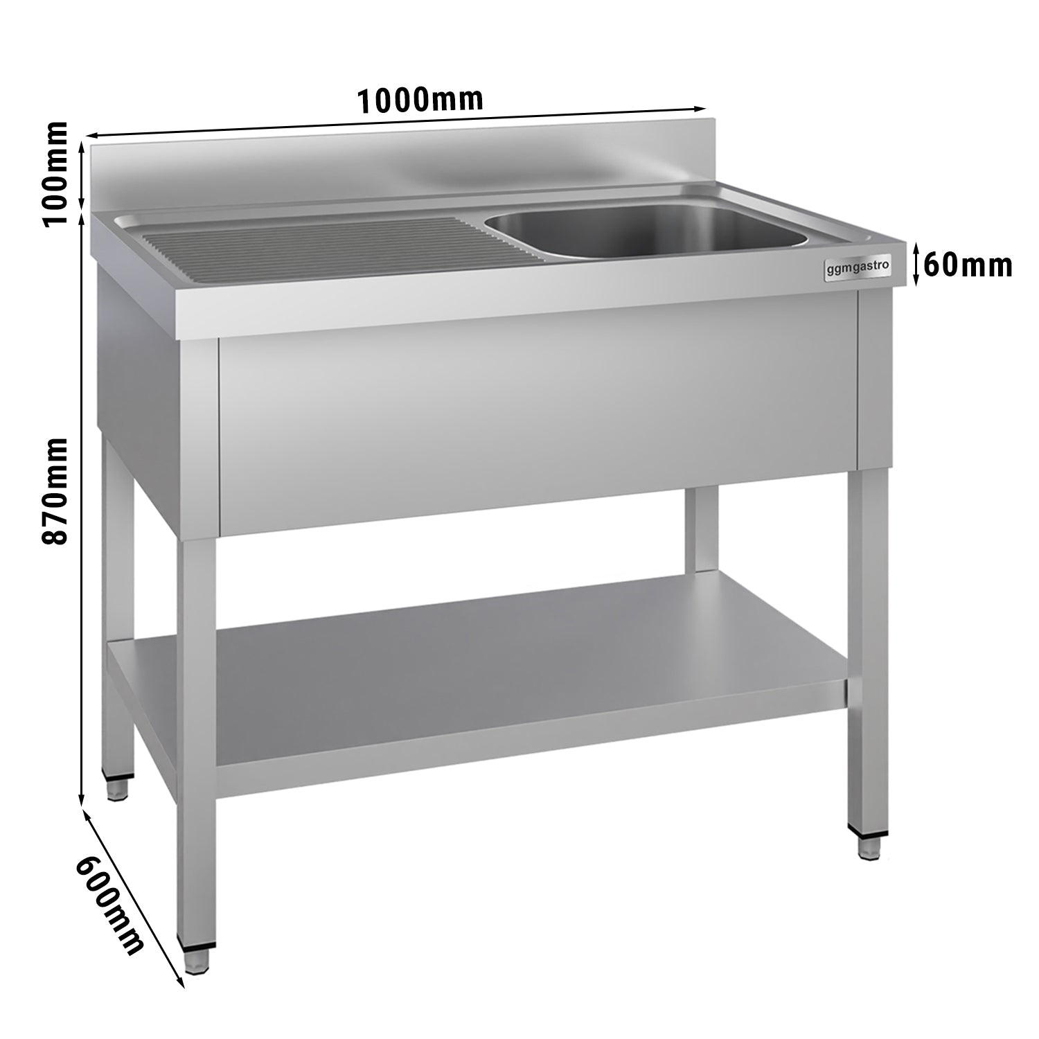 Vaskeborde med underhylde 1,0m - 1 vask til højre L 40 x B 40 x D 25 cm
