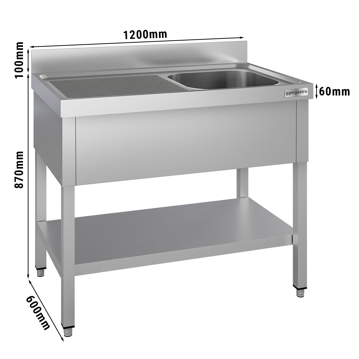 Vaskeborde med underhylde 1,2m - 1 vask til højre L 50 x B 40 x D 25 cm