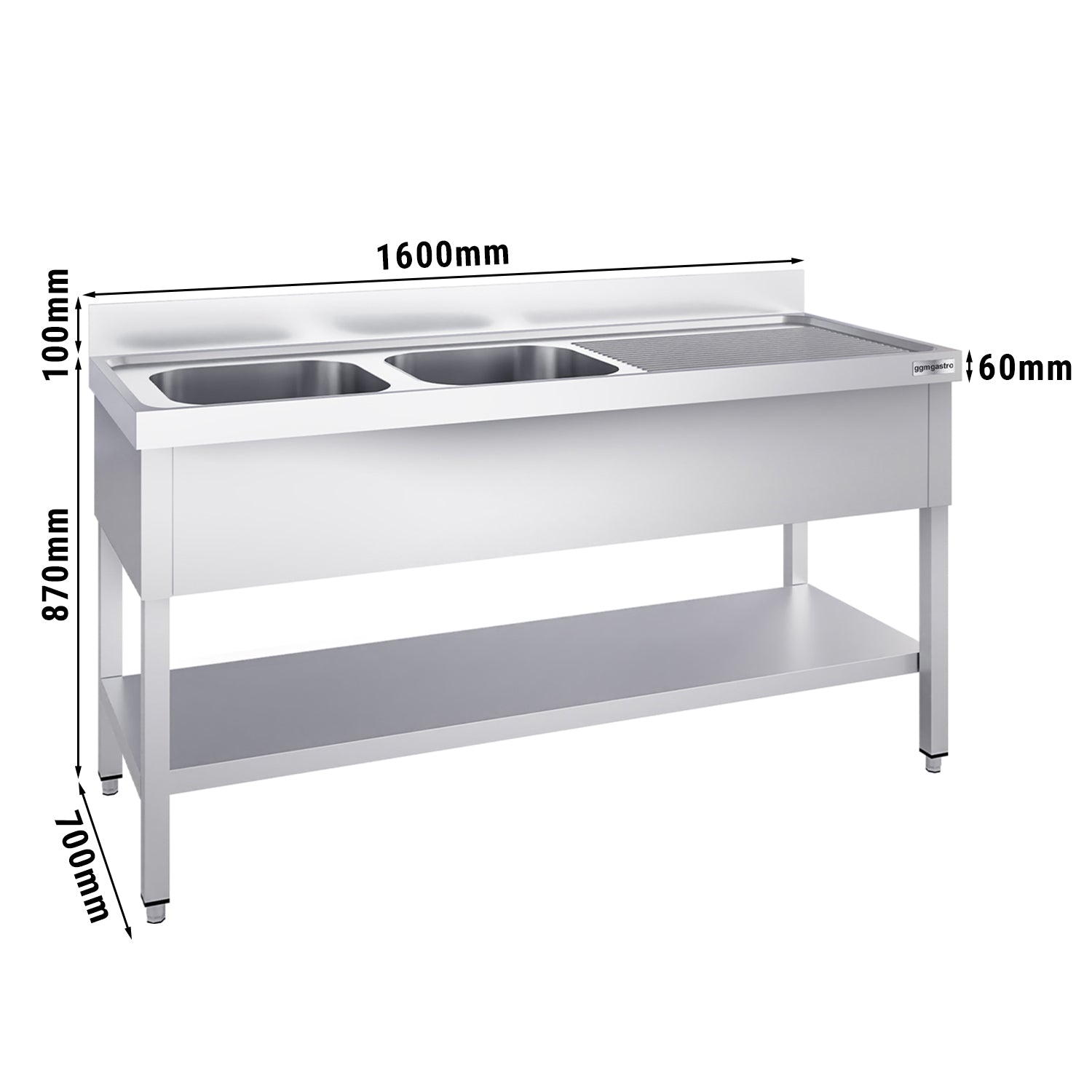 Vaskeborde med underhylde 1,6 m - 2 vaske til venstre L 40 x B 50 x D 25 cm