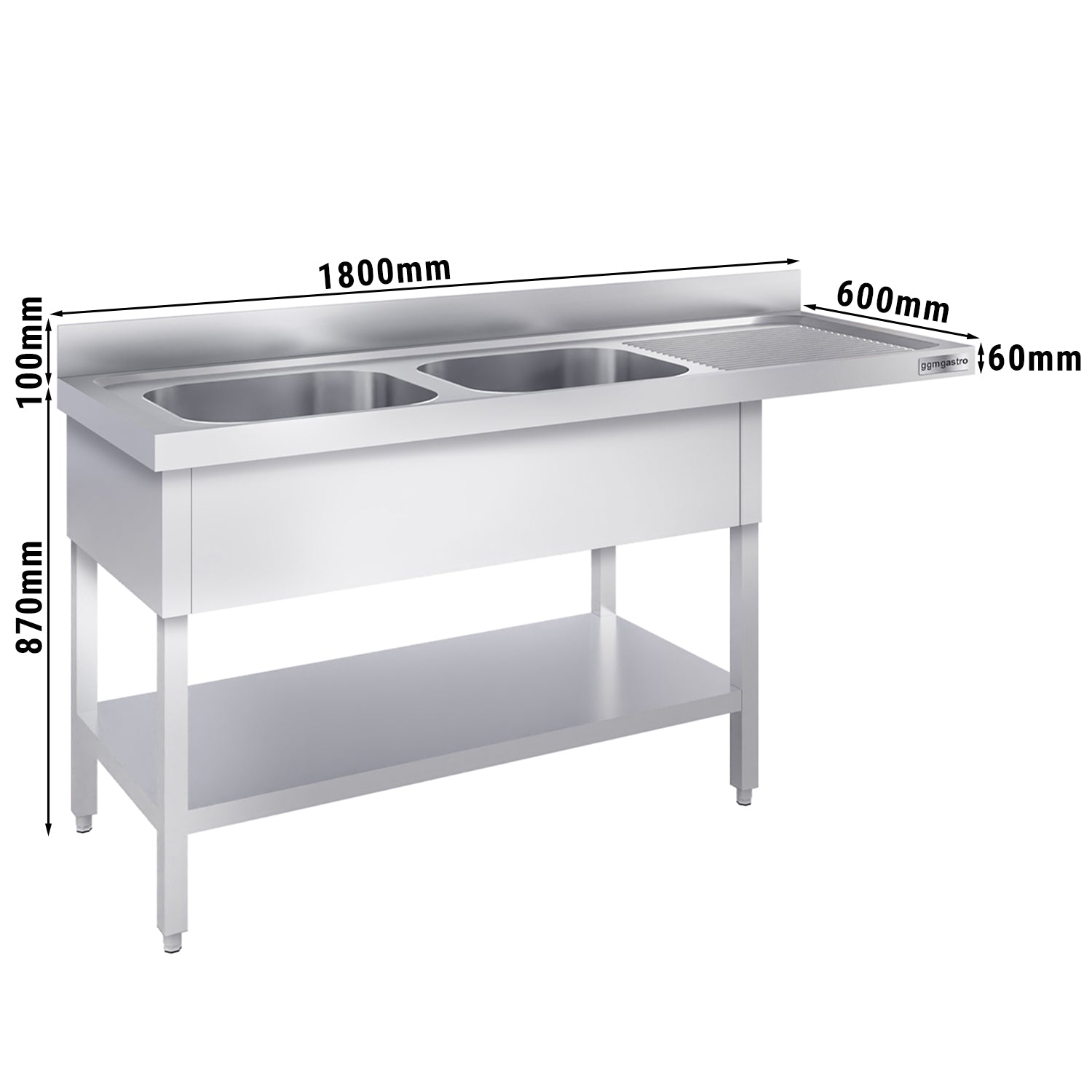 Vaskeborde med plads til opvaskemaskine 1,8m - 2 Vaske til Venstre L 50 x B 40 x D 25 cm