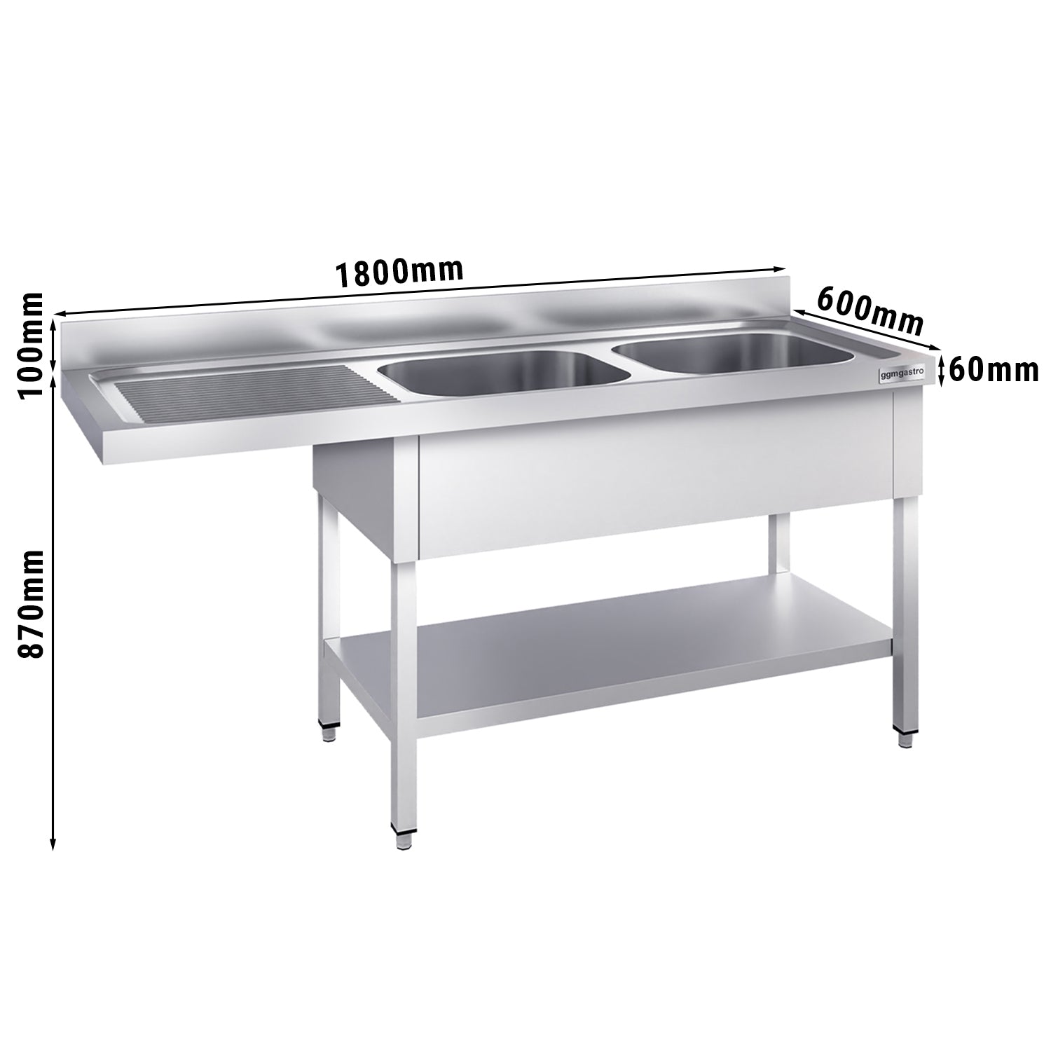 Vaskeborde med plads til opvaskemaskine 1,8m - 2 Vaske til Højre L 50 x B 40 x D 25 cm