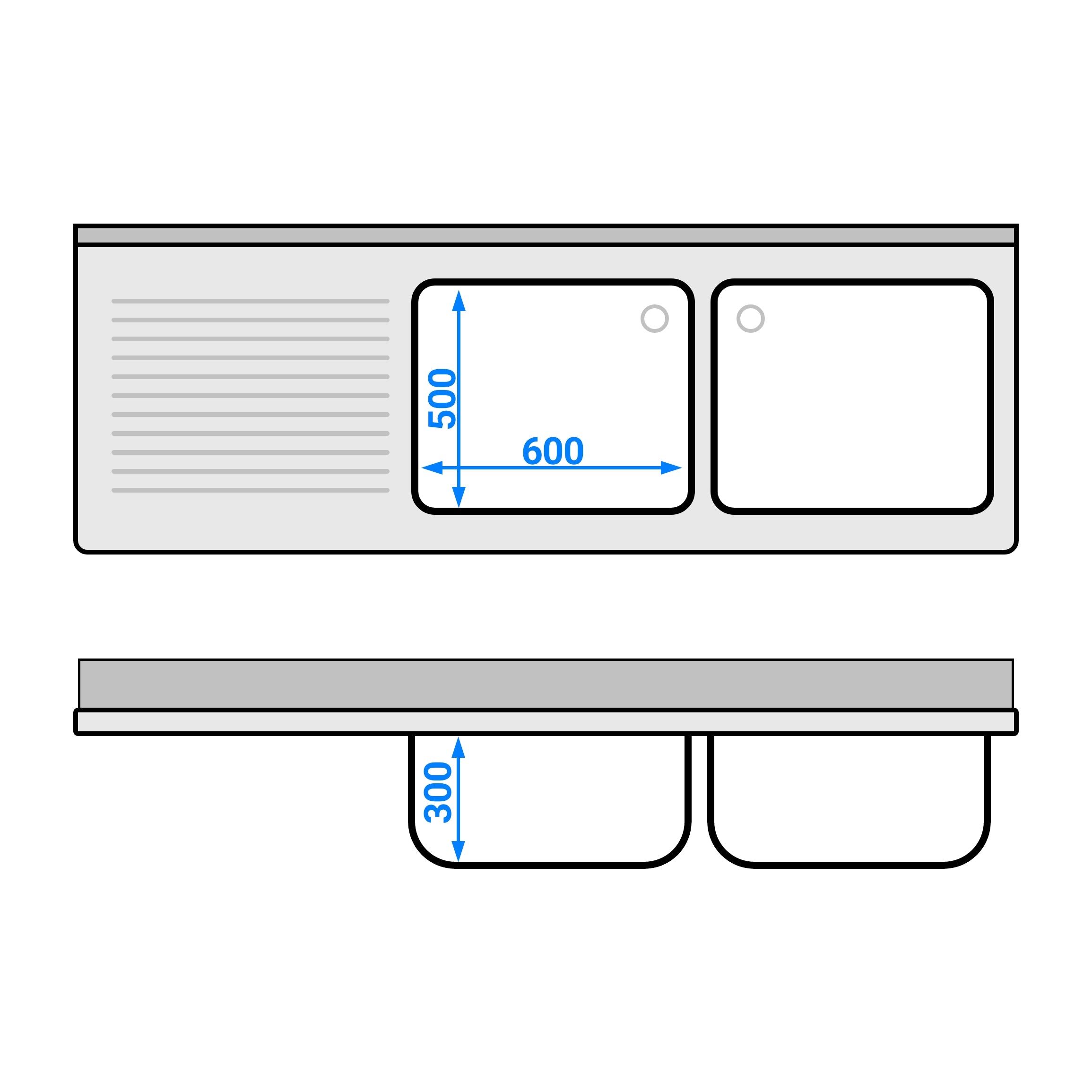 Vaskeborde med plads til opvaskemaskine 2,0m - 2 Vaske til Højre L 60 x B 60 x D 30 cm