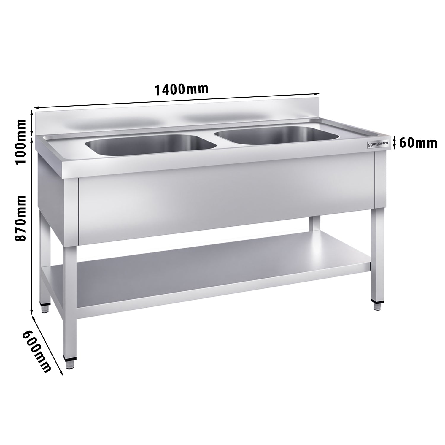 Vaskeborde med underhylde 1,4 m - 2 vaske i midten L 50 x W 40 x D 25 cm