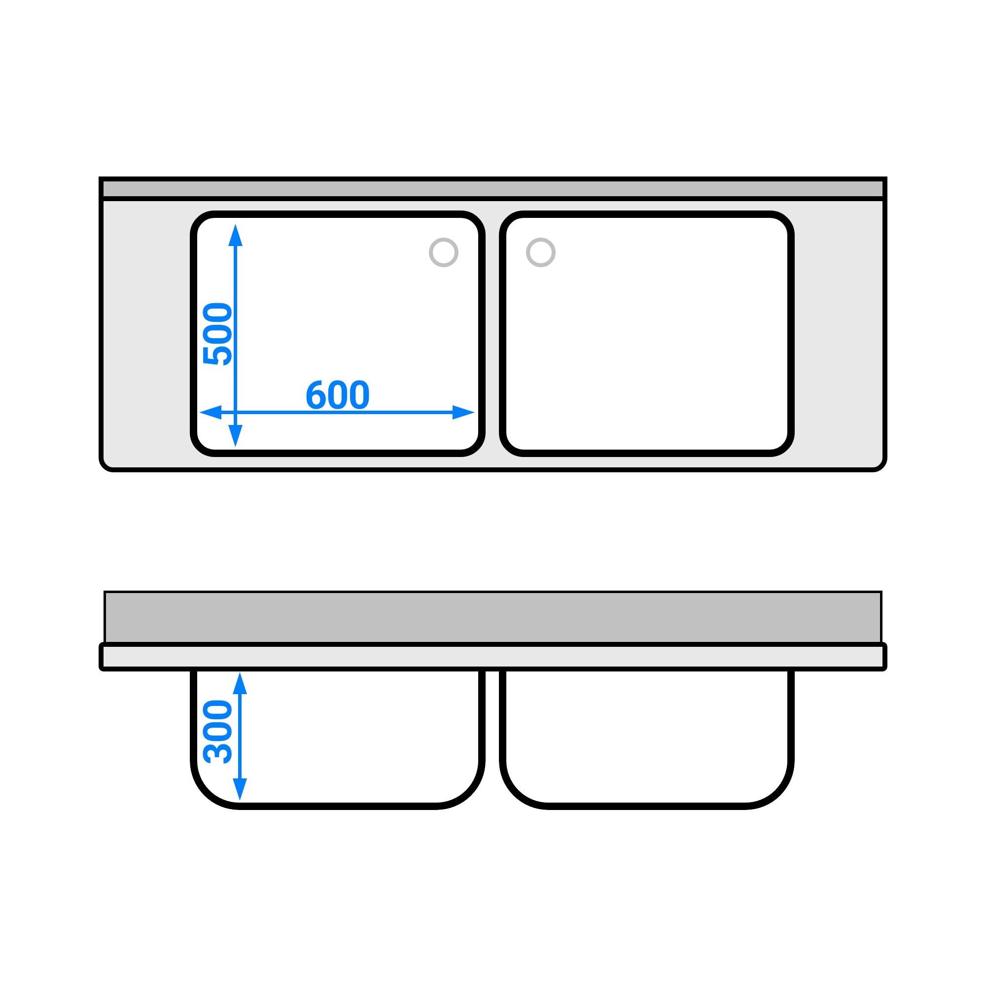 Vaskeborde med underhylde 1,6 m - 2 vaske i midten L 50 x W 40 x D 25 cm