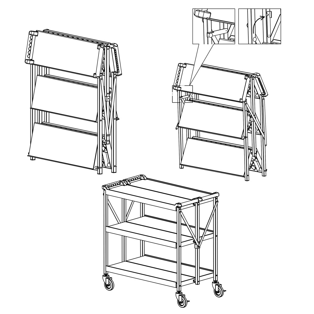 Servicevogn 0,88 m - Foldbar - 3 Hylder