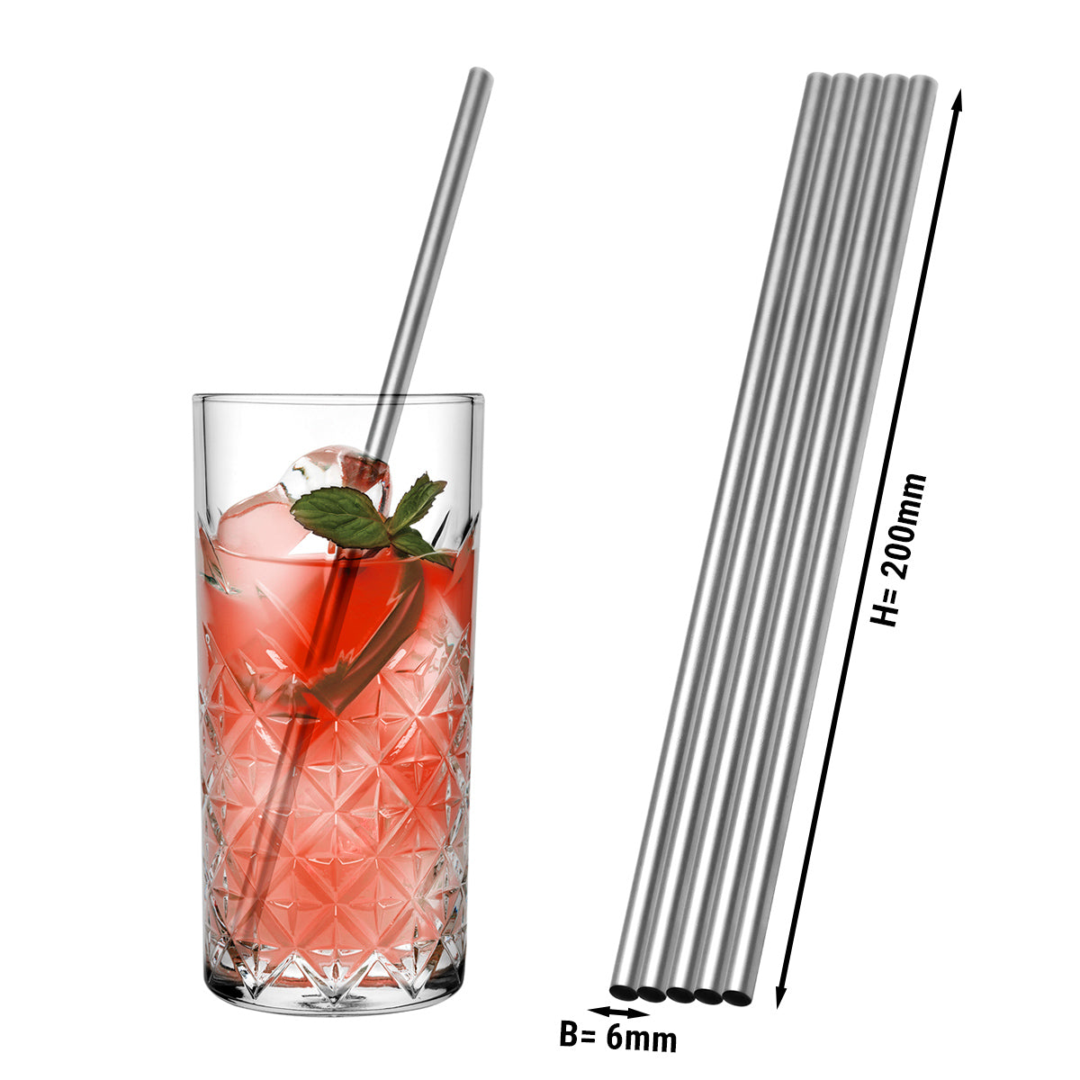 (50 stk.) Drikke sugerør i rustfrit stål - 6 x 200 mm - lige