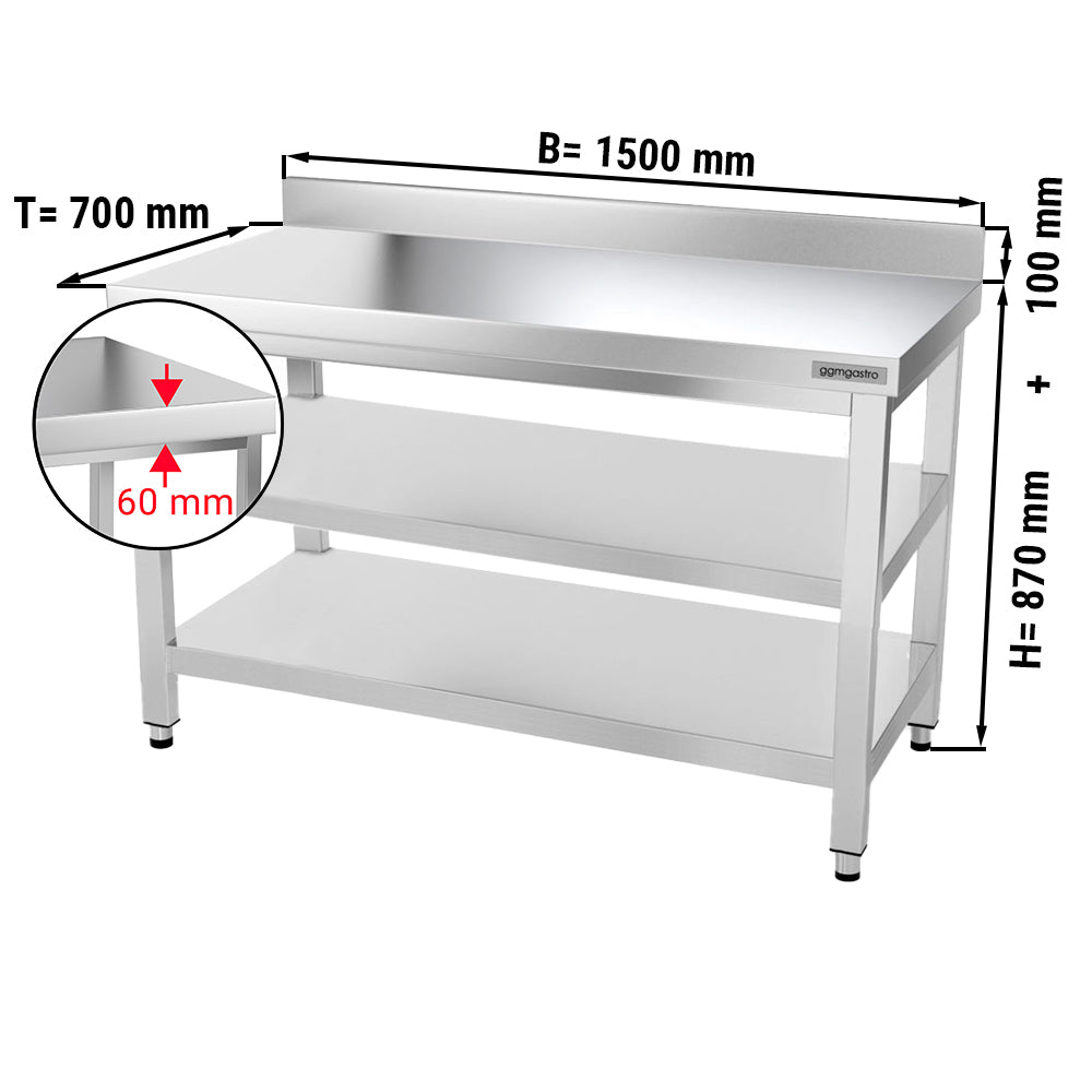 Rustfrit stål arbejdsbord PREMIUM - 1,5 m - med underhylde, mellemhylde & bagkant