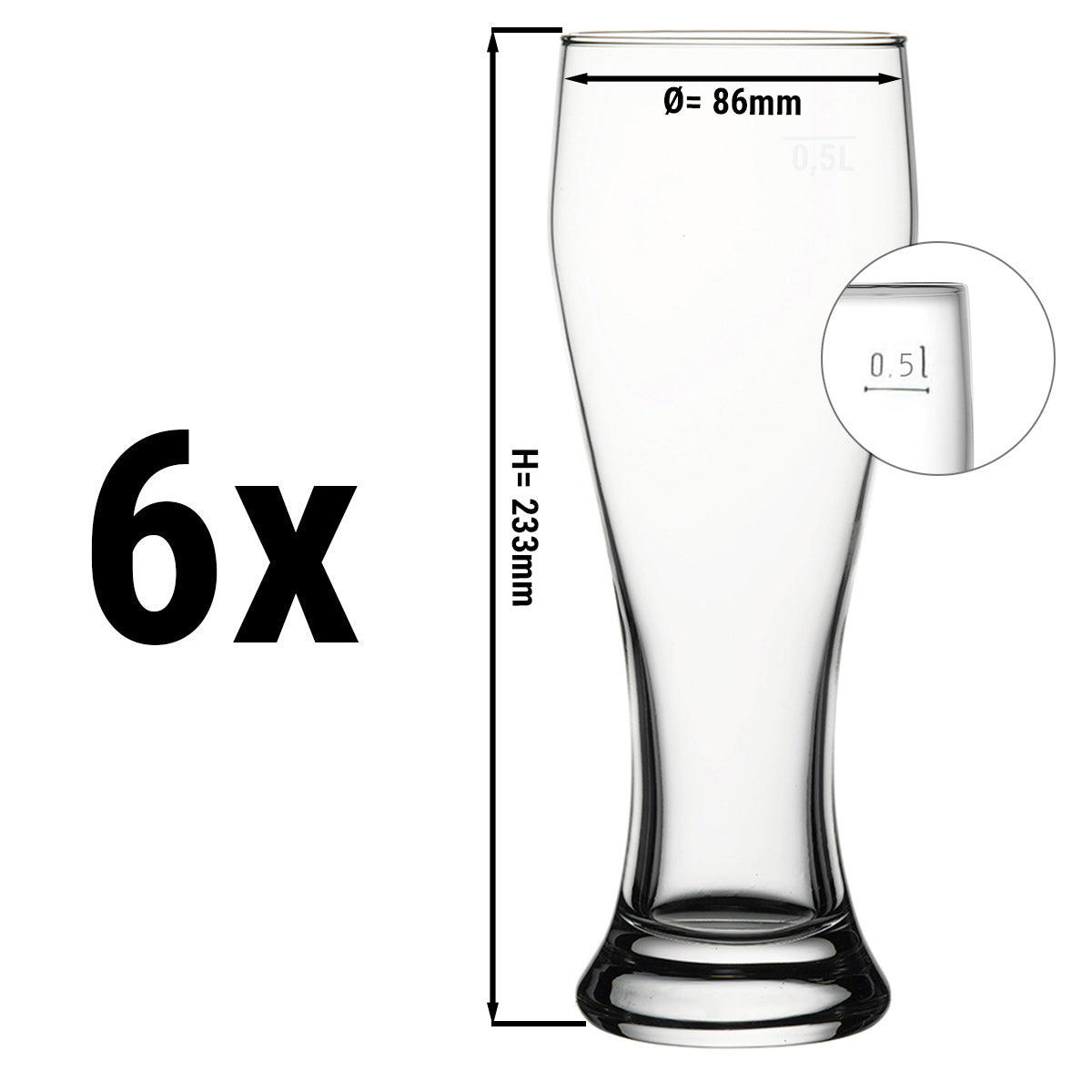 (6 stk.) Hvedeølsglas - MUNICH - 665 ml - kalibreret til 500 ml