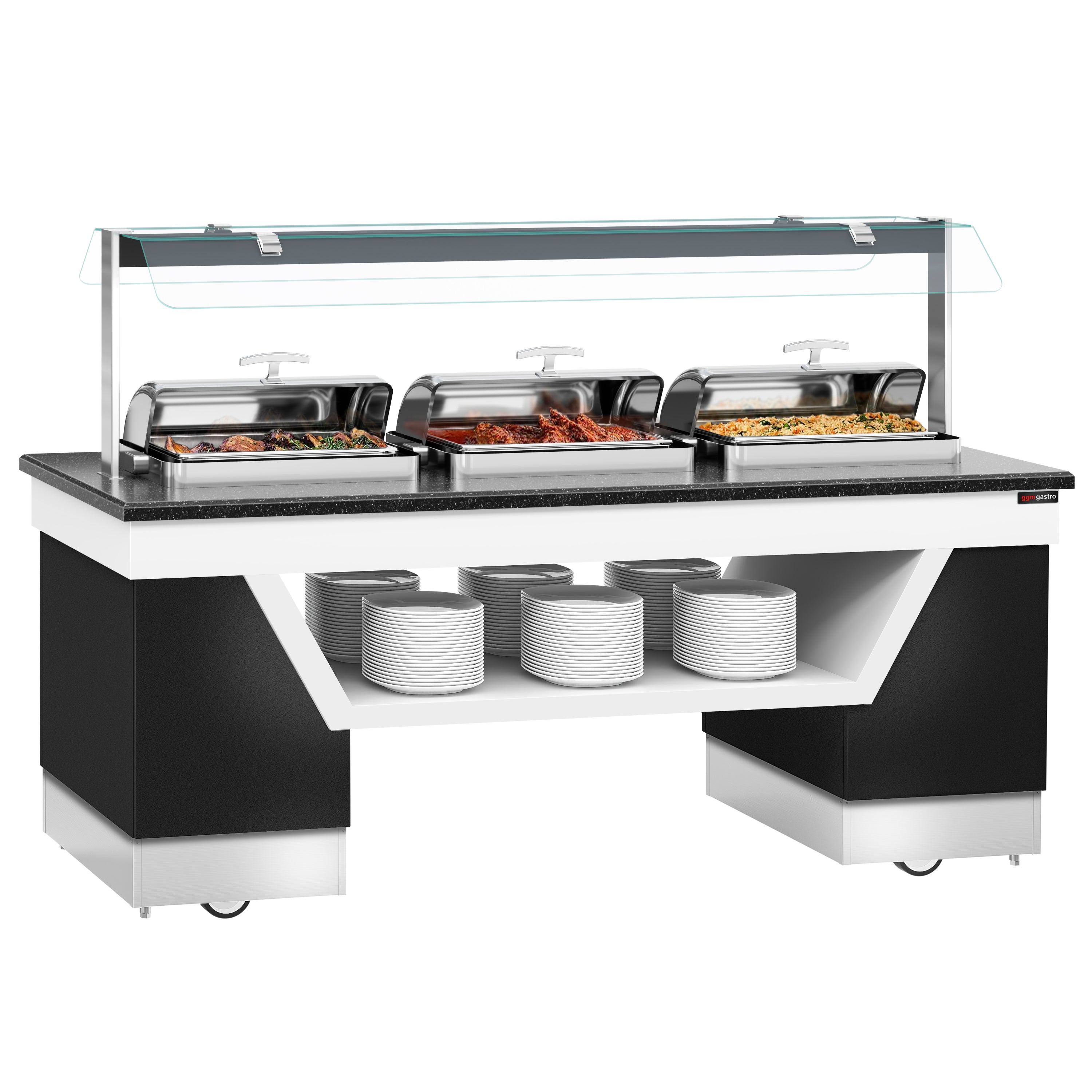 Buffetdisk varm BELFAST - 2300mm - med 3 chafing dishes & hjul