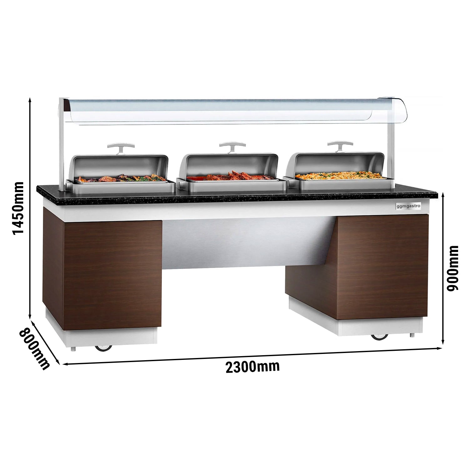 Varmebuffet - 2,3 x 0,8 m - med 3 Chafing Dish