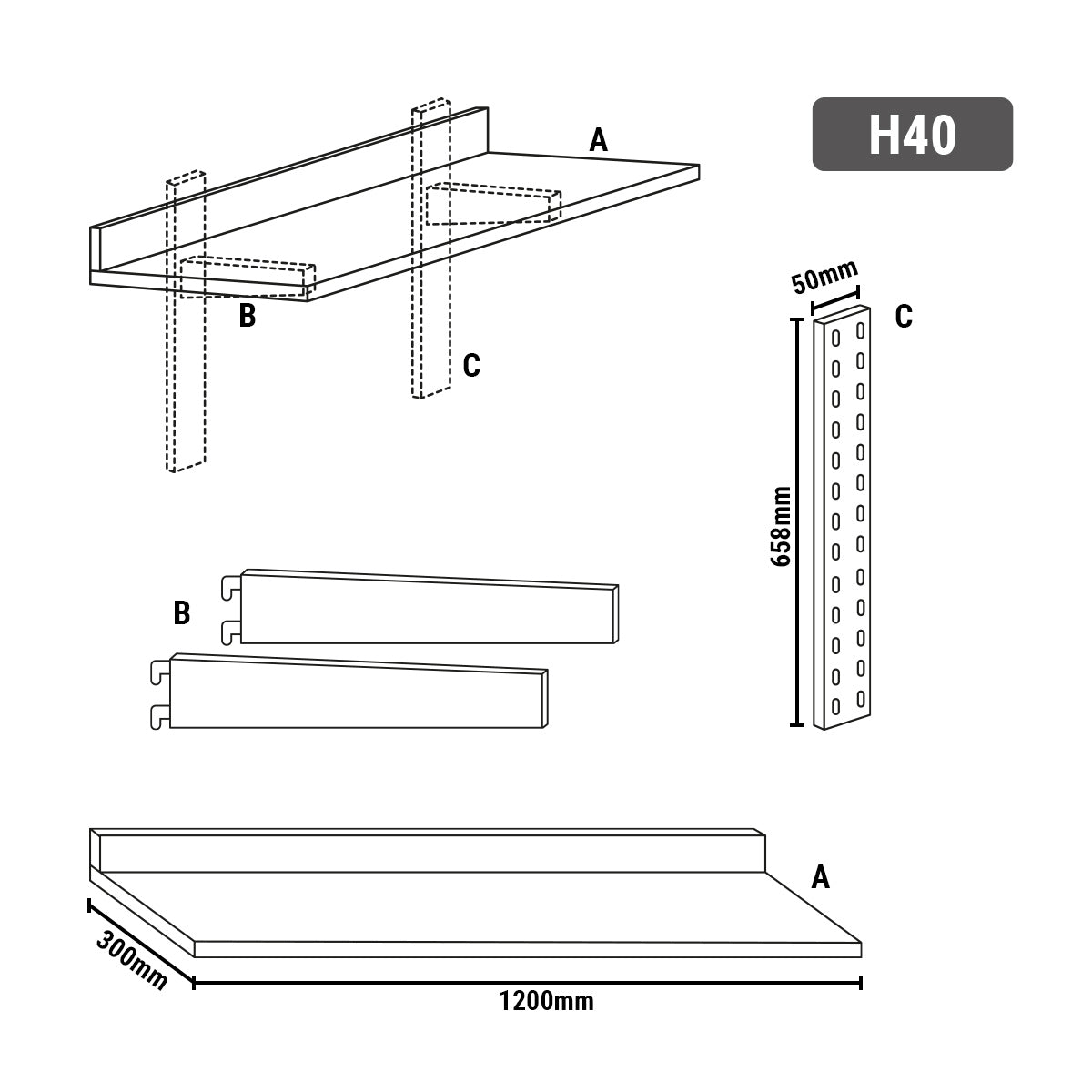 Væghylde 1,2m - med 1 etage