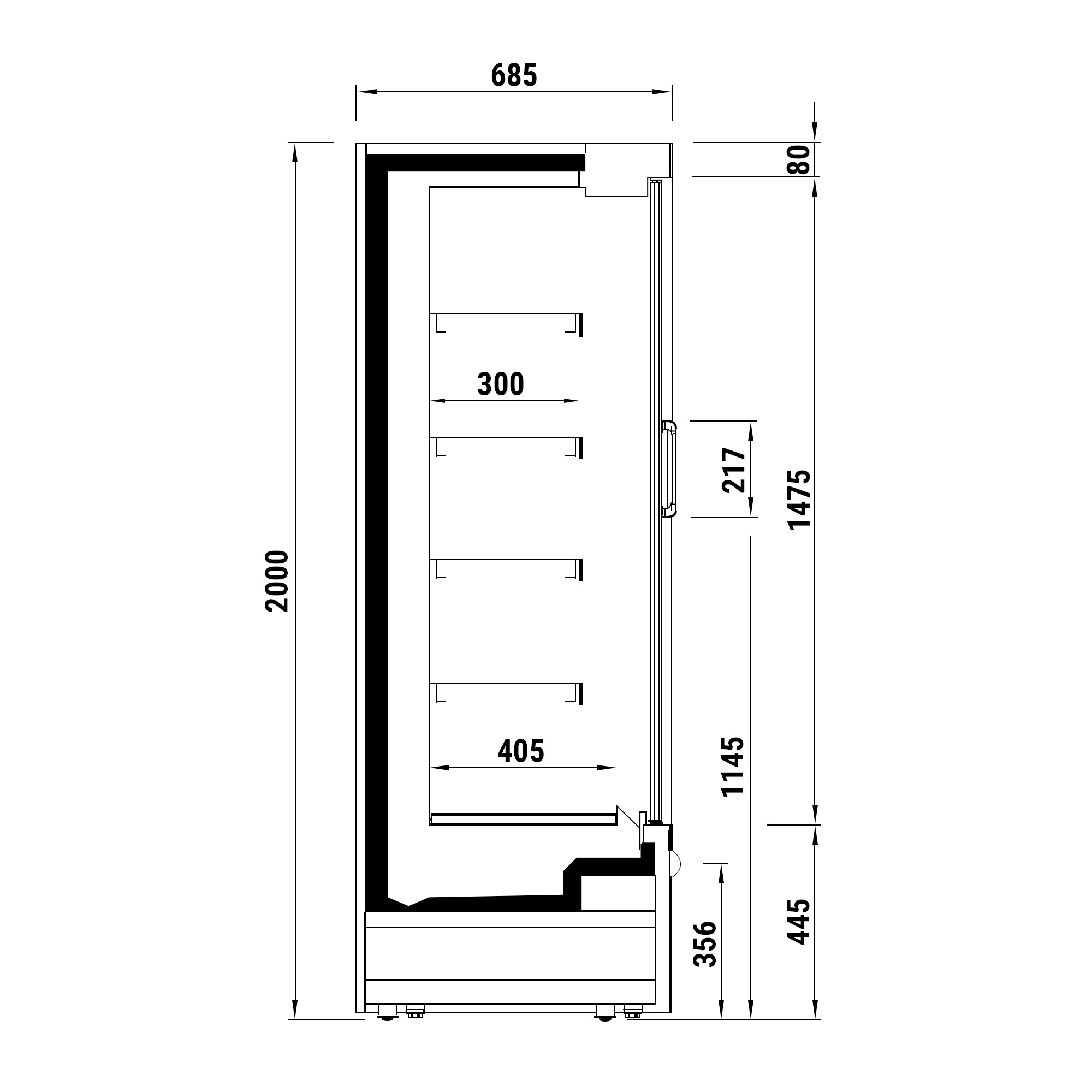 Kølereol - 1,88 x 0,69 m - med 4 hylder -  Rustfrit stål 700 dybde