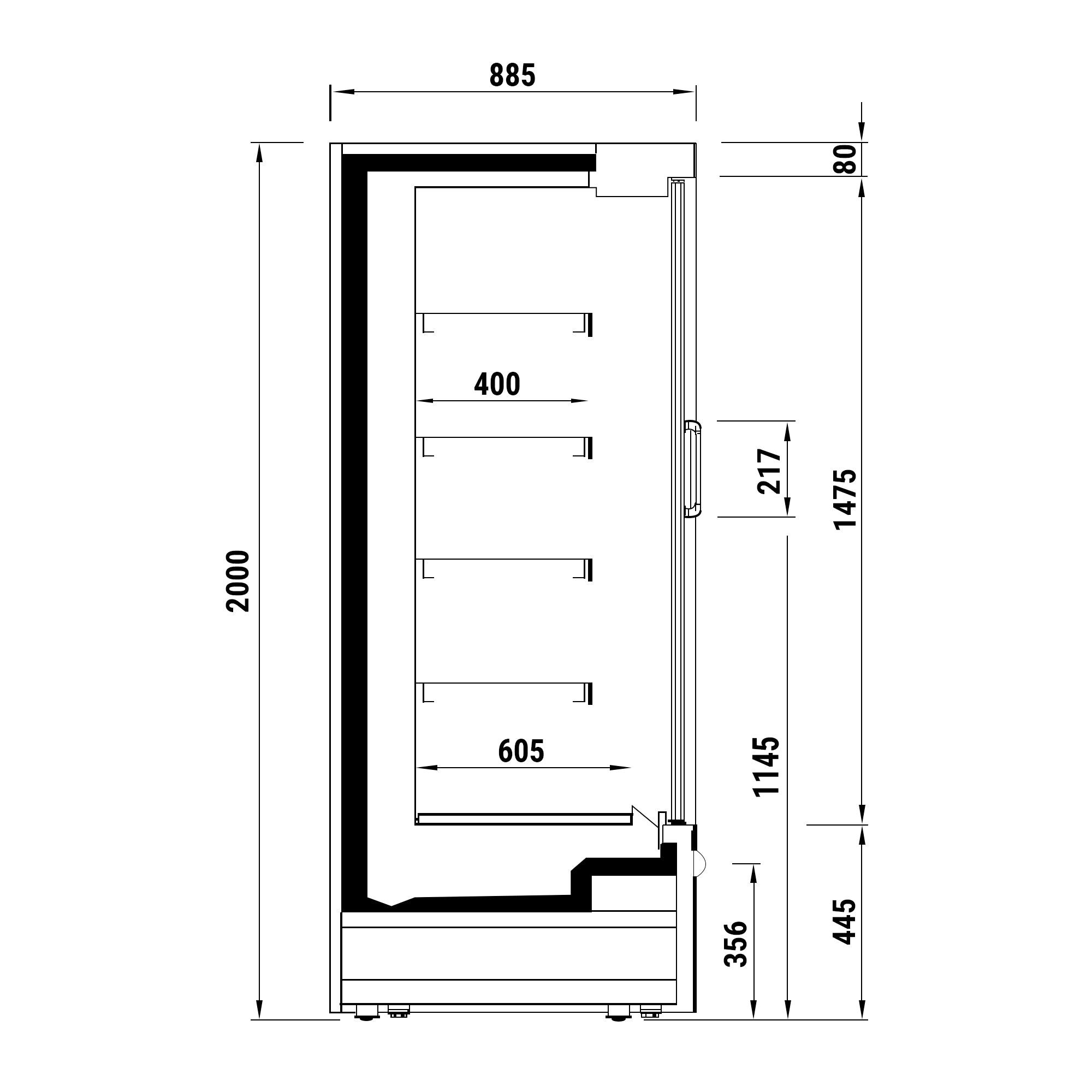 Kølereol Sort - 1,33 x 0,88 m - med 4 hylder