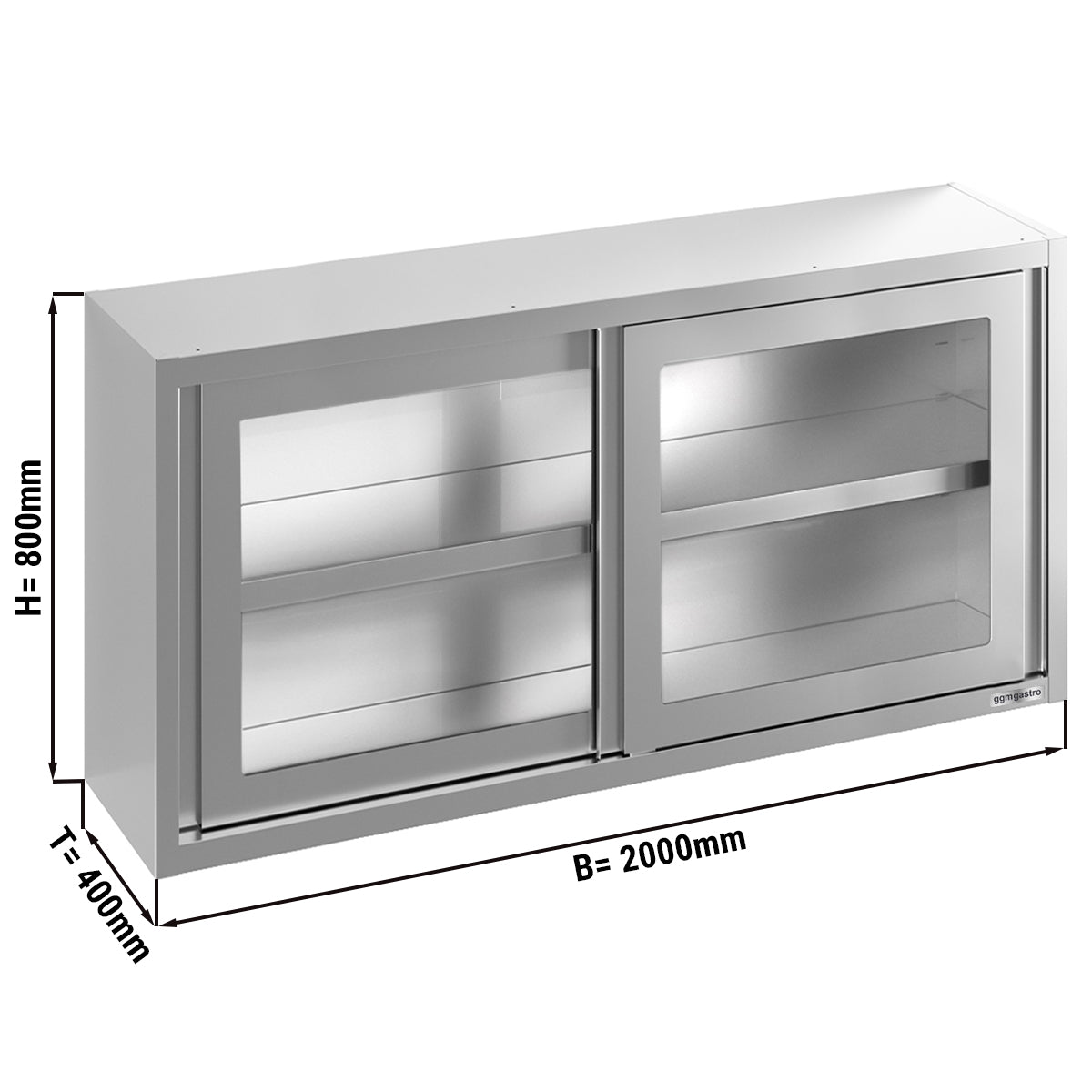 Rustfrit stål Vægskab 2000x400 mm - med Glasskydedør - Højde: 800 mm