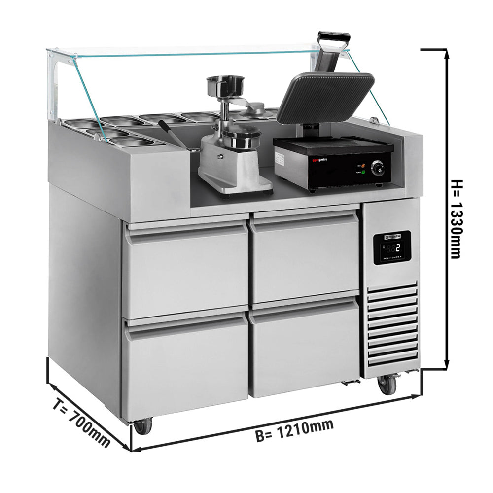 Koldjomfru - 1,21 x 0,7 m - 4 skuffer 1/2 inkl. klemmegrill & hamburger presser