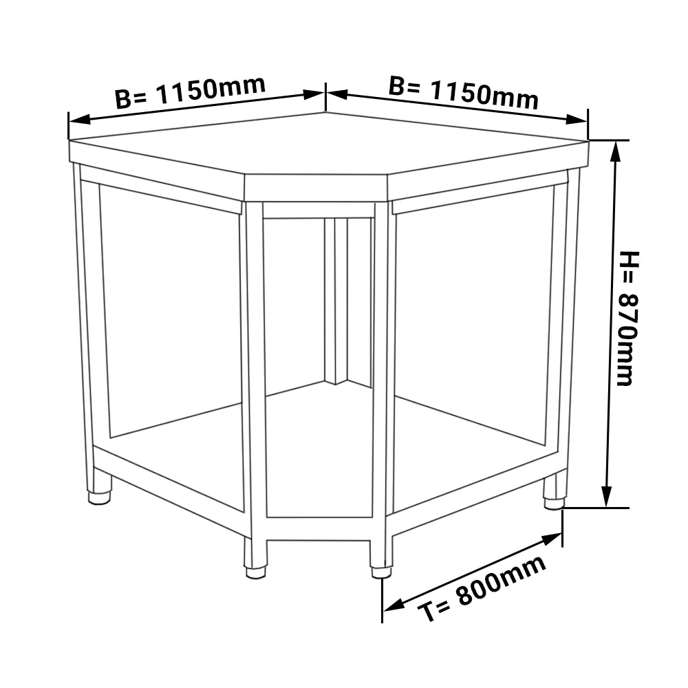 Hjørnebord i rustfrit stål - 1,15 x 0,8 m - med underhylde