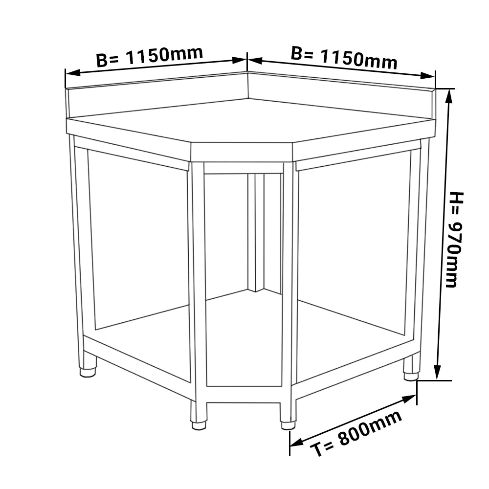 Hjørnebord i rustfrit stål - 1,15 x 0,8 m - med underhylde & bagkant