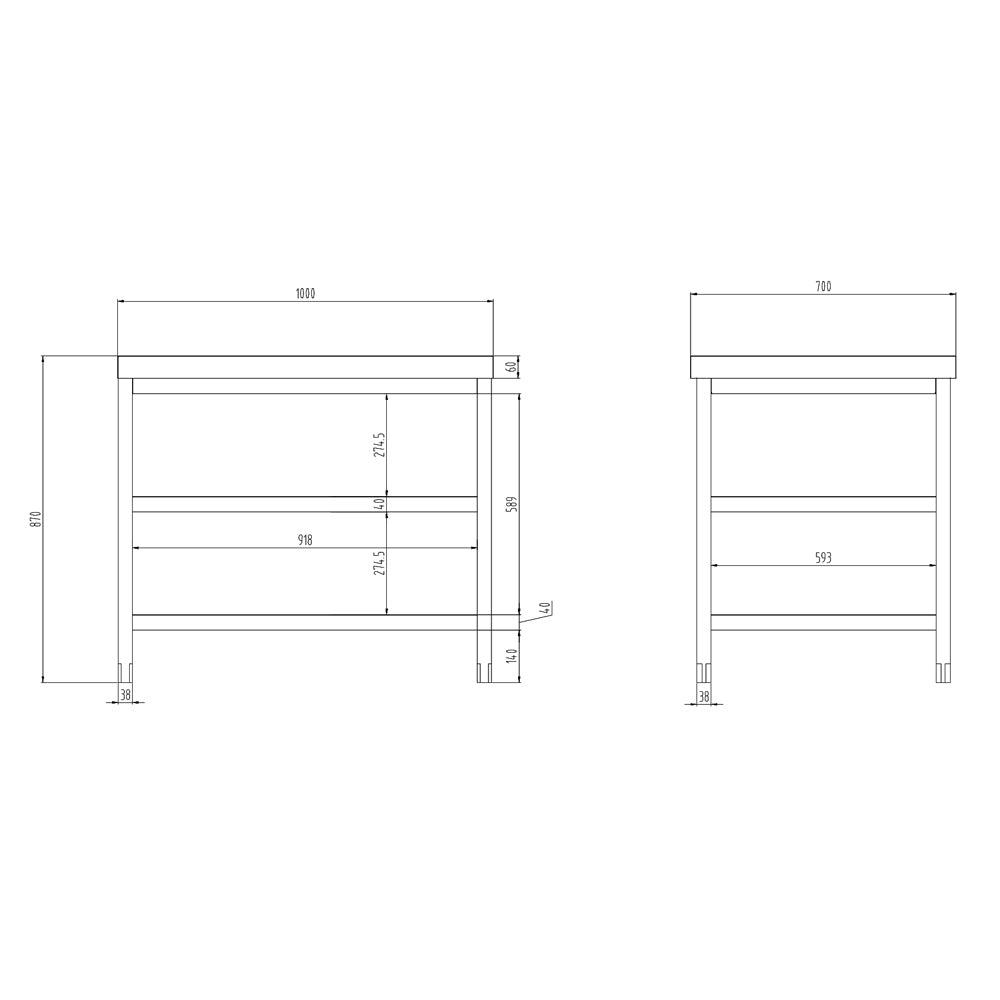 Rustfrit stål arbejdsbord PREMIUM - 1,0 m - med underhylde & mellemhylde