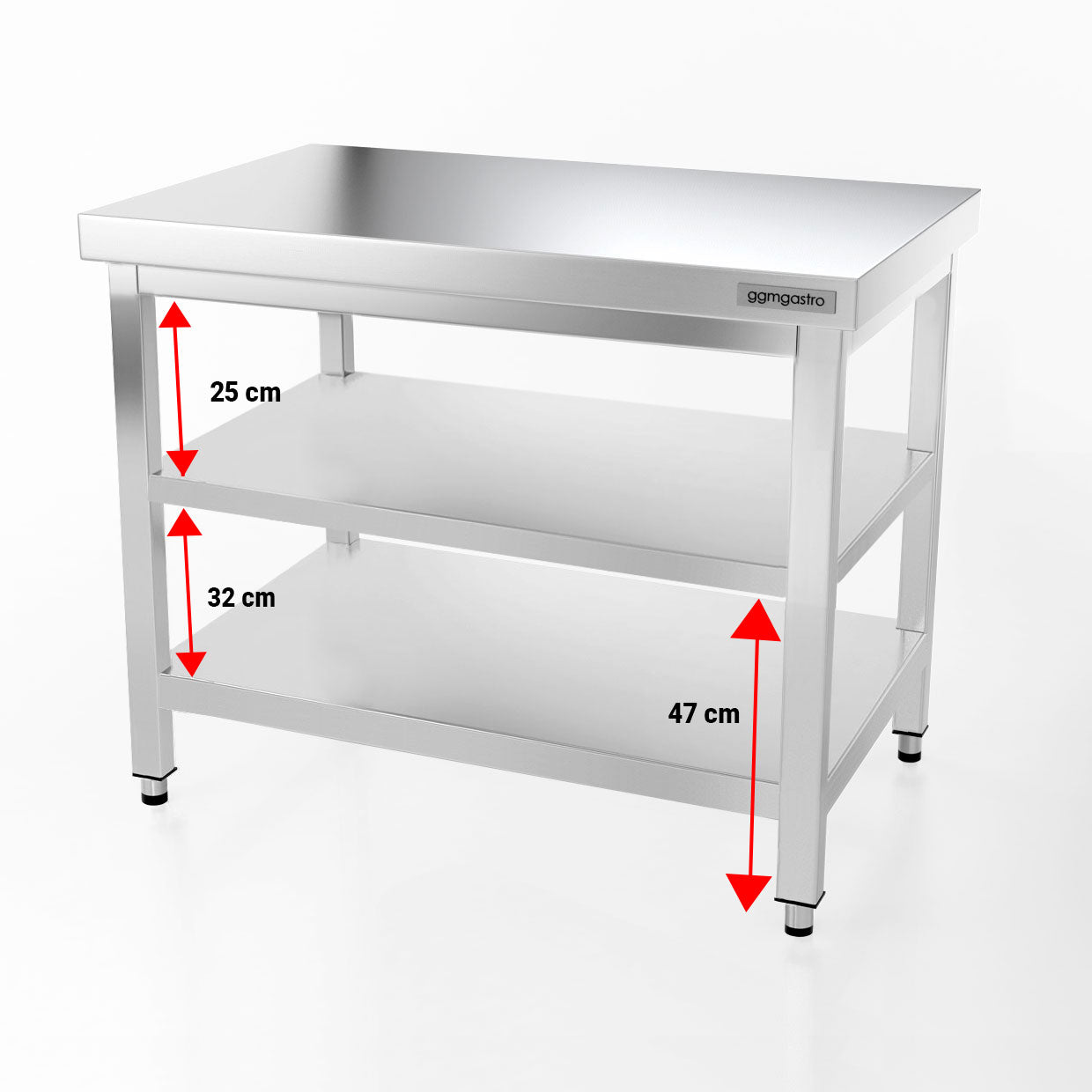 Rustfrit stål arbejdsbord PREMIUM - 1,0 m - med underhylde, mellemhylde