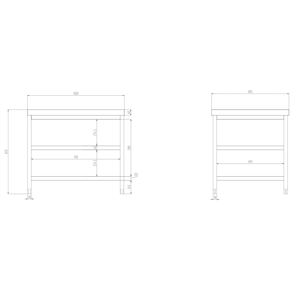 Rustfrit stål arbejdsbord PREMIUM - 1,0 m - med underhylde, mellemhylde