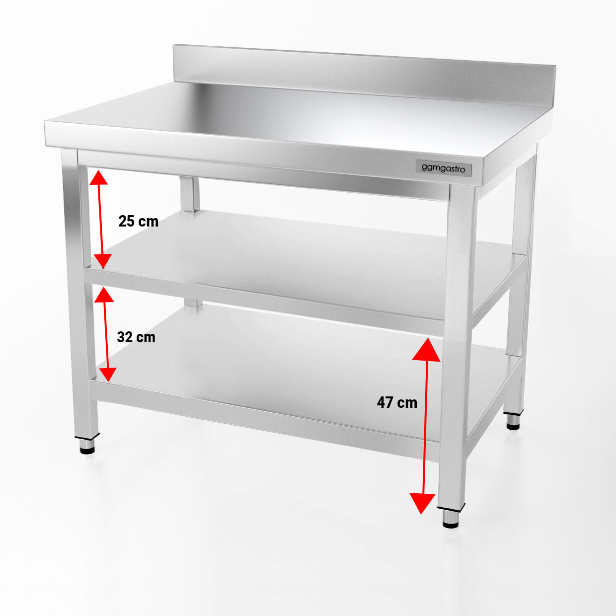 Rustfrit stål arbejdsbord PREMIUM - 1,0 m - med underhylde, mellemhylde & bagkant