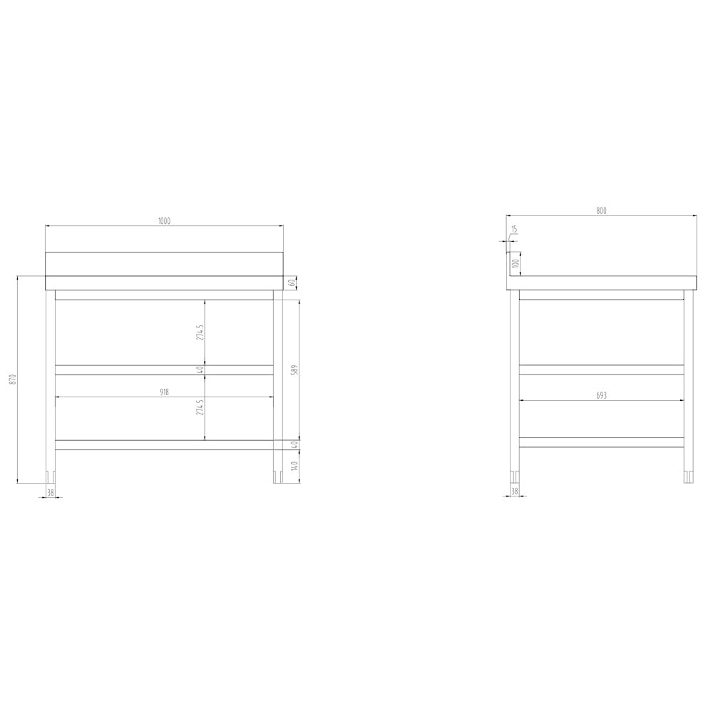 Rustfrit stål arbejdsbord PREMIUM - 1,0 m - med underhylde, mellemhylde & bagkant