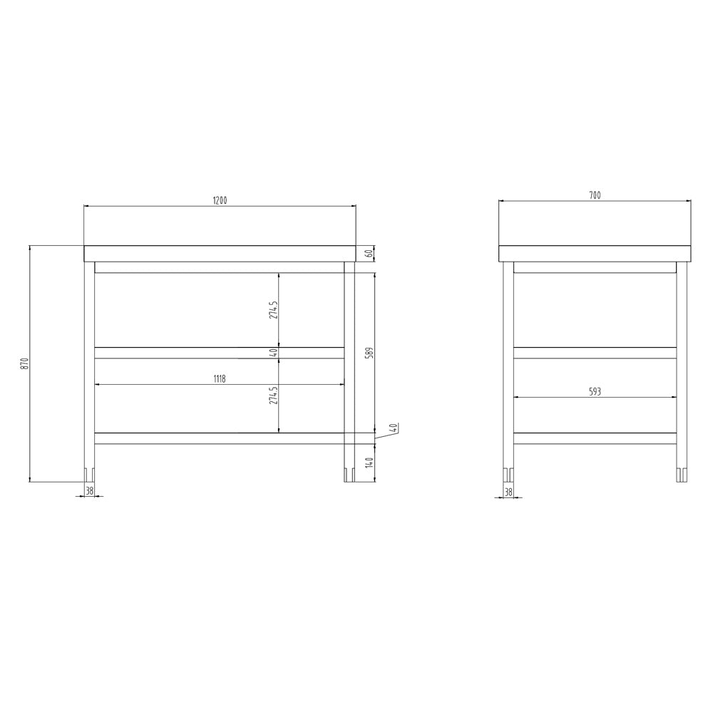 Rustfrit stål arbejdsbord PREMIUM - 1,2 m - med underhylde & mellemhylde