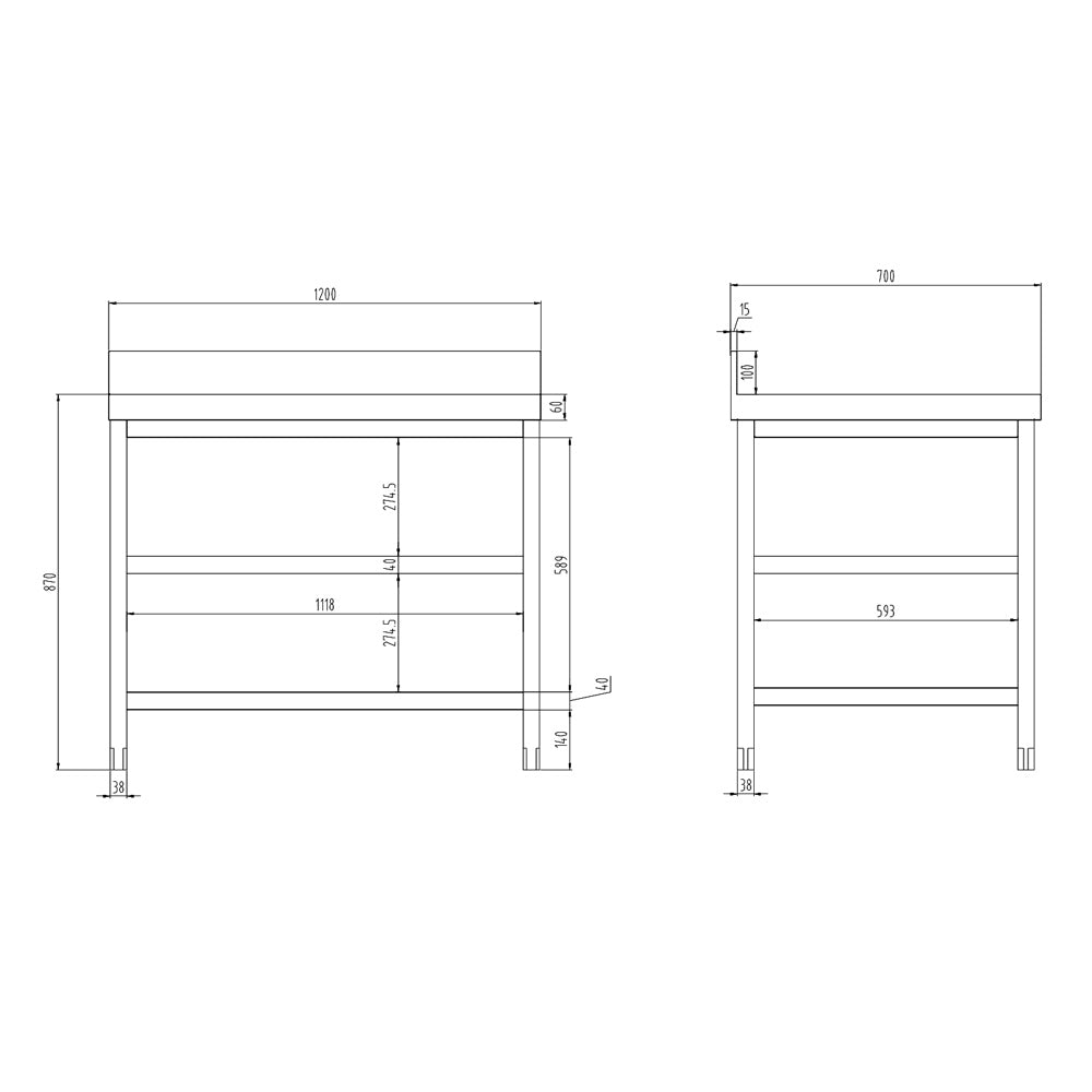 Rustfrit stål arbejdsbord PREMIUM - 1,2 m - med underhylde, mellemhylde & bagkant