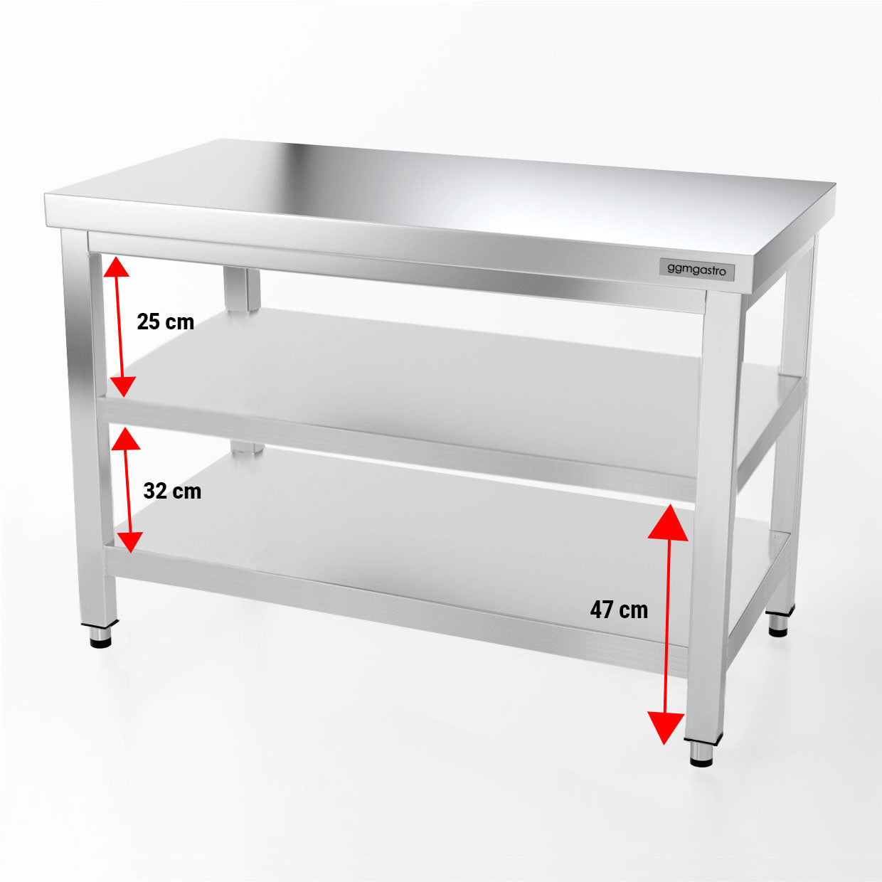 Rustfrit stål arbejdsbord PREMIUM - 1,2 m - med underhylde & mellemhylde