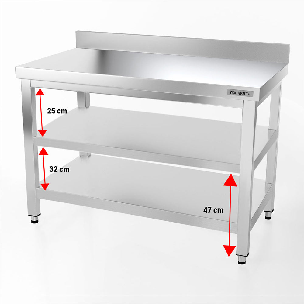 Rustfrit stål arbejdsbord PREMIUM - 1,2 m - med underhylde, mellemhylde & bagkant