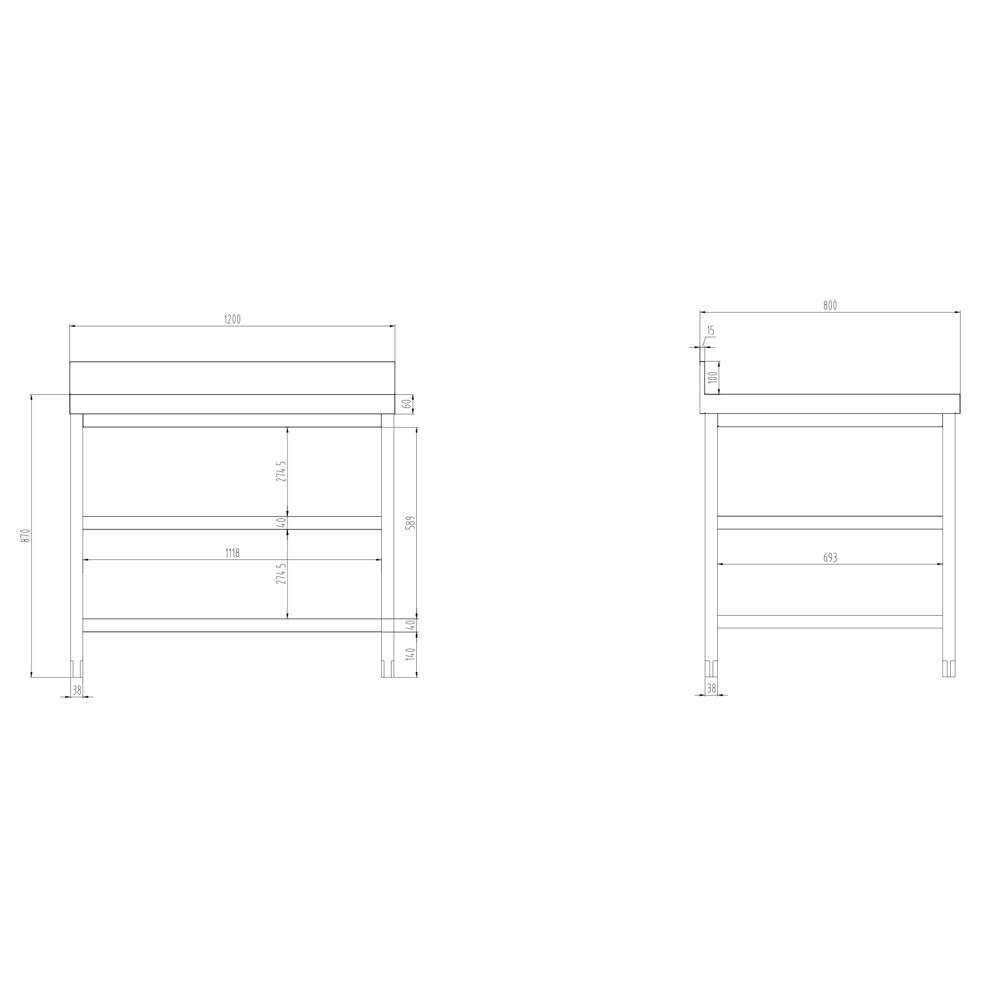 Rustfrit stål arbejdsbord PREMIUM - 1,2 m - med underhylde, mellemhylde & bagkant