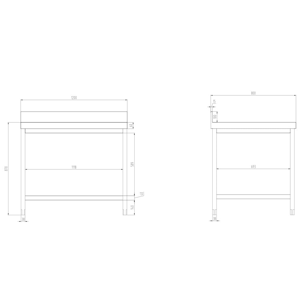 Rustfrit stål arbejdsbord PREMIUM - 1,2 m - med underhylde & bagkant