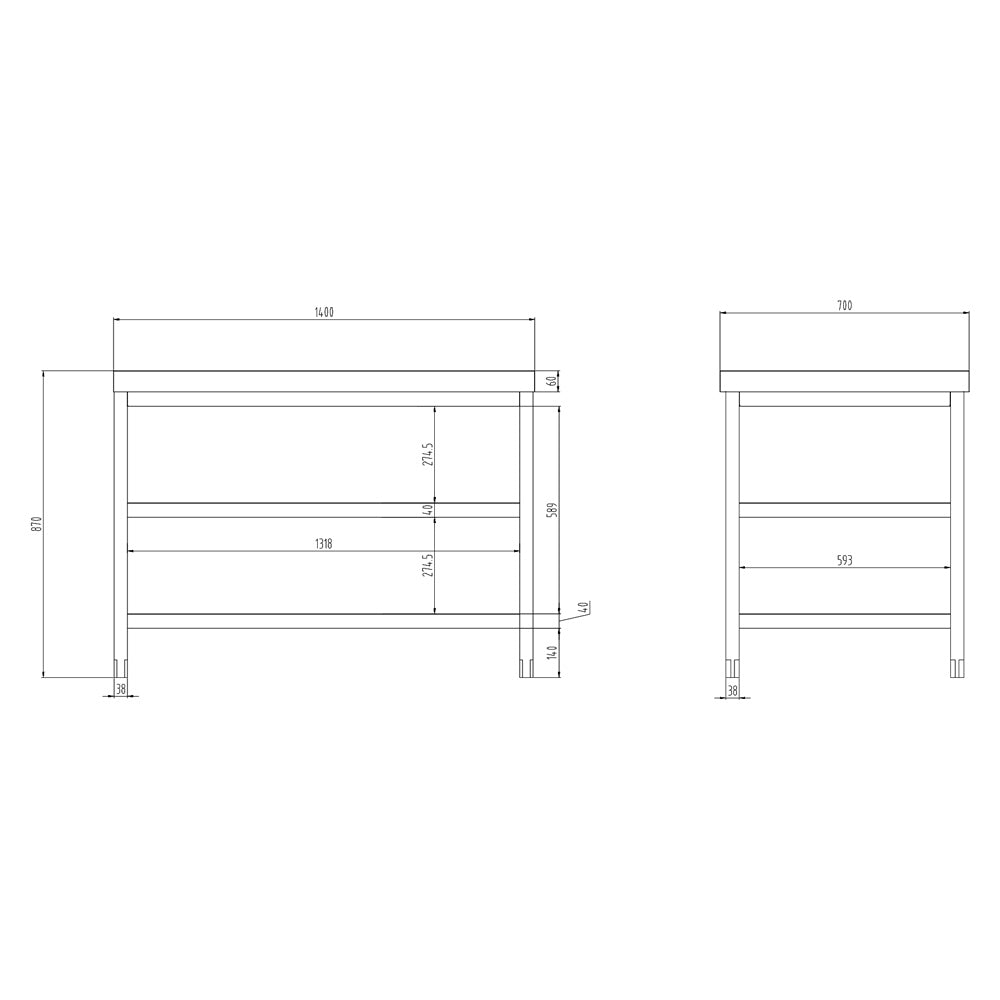 Rustfrit stål arbejdsbord PREMIUM - 1,4 m - med underhylde & mellemhylde