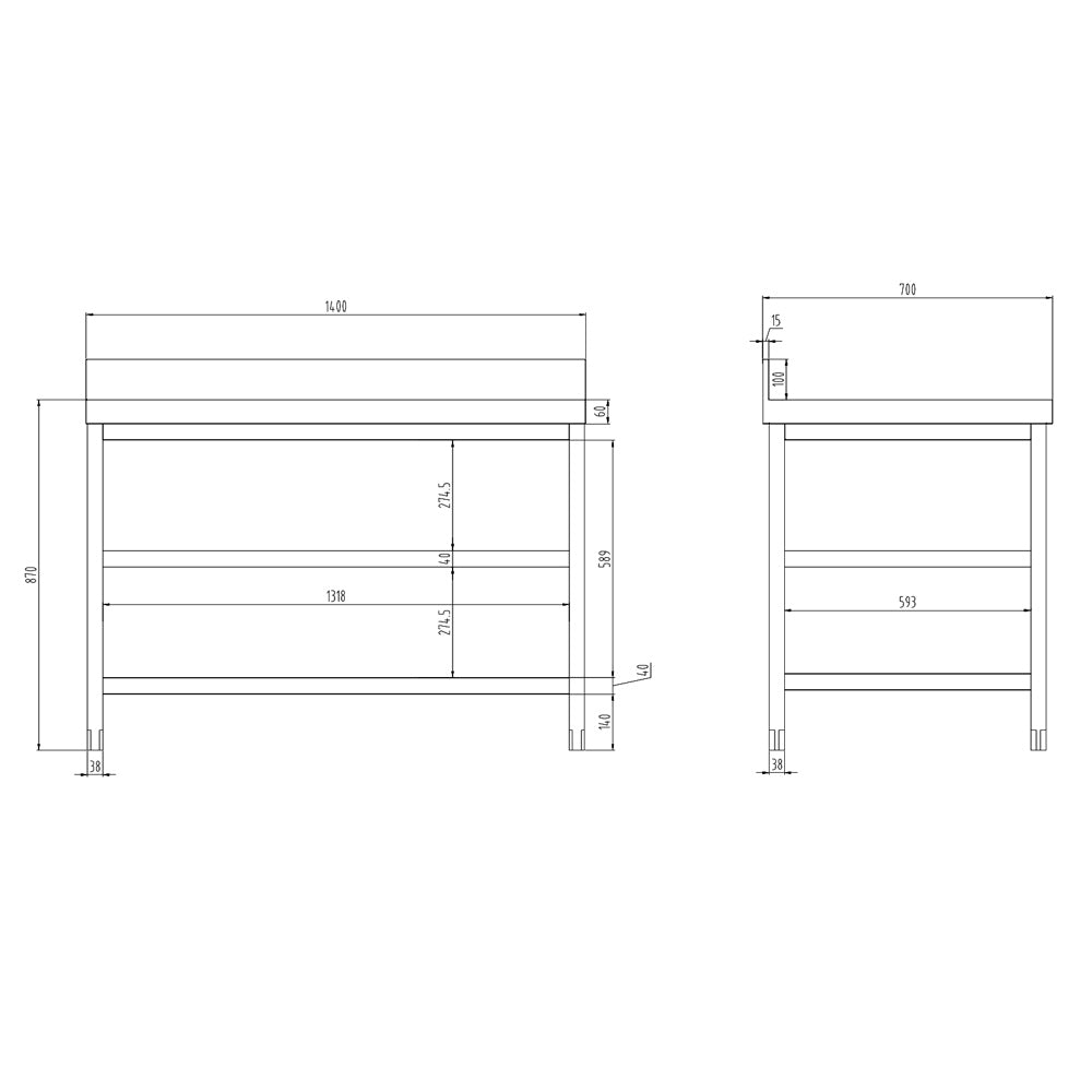 Rustfrit stål arbejdsbord PREMIUM - 1,4 m - med underhylde, mellemhylde & bagkant