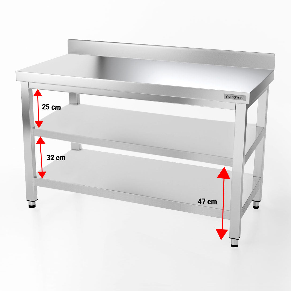 Rustfrit stål arbejdsbord PREMIUM - 1,4 m - med underhylde, mellemhylde & bagkant