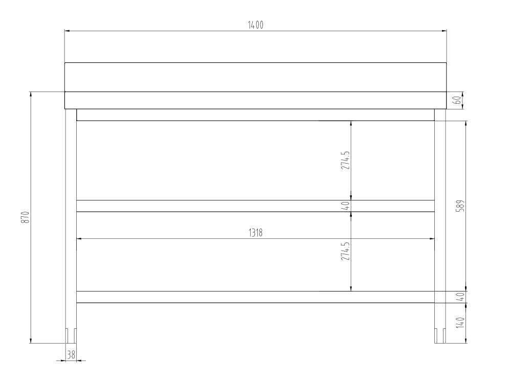 Rustfrit stål arbejdsbord PREMIUM - 1,4 m - med underhylde, mellemhylde & bagkant