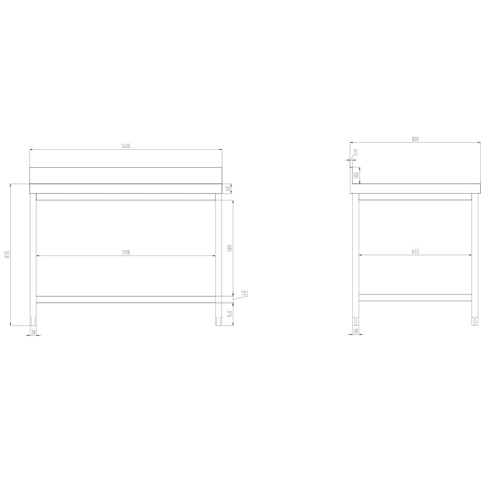 Rustfrit stål arbejdsbord PREMIUM - 1,4 m - med underhylde, mellemhylde & bagkant