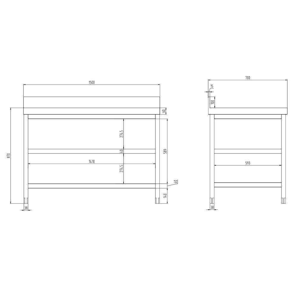 Rustfrit stål arbejdsbord PREMIUM - 1,5 m - med underhylde, mellemhylde & bagkant