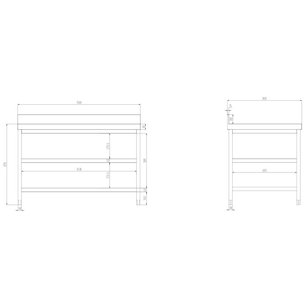 Rustfrit stål arbejdsbord PREMIUM - 1,5 m - med underhylde, mellemhylde & bagkant