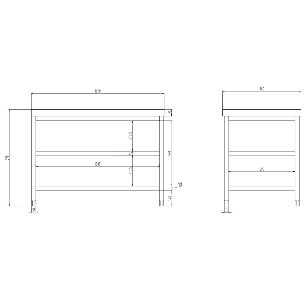 Rustfrit stål arbejdsbord PREMIUM - 1,6 m - med underhylde & mellemhylde