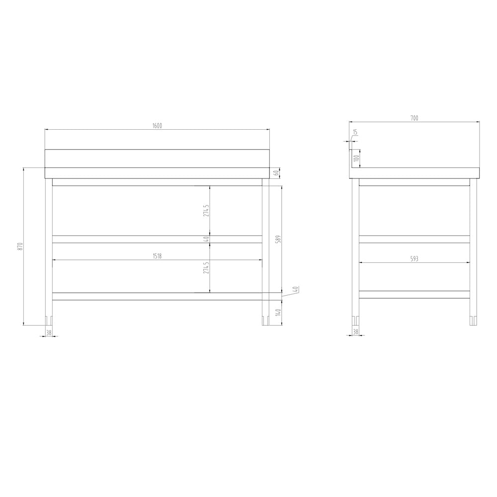 Rustfrit stål arbejdsbord PREMIUM - 1,6 m - med underhylde, mellemhylde & bagkant